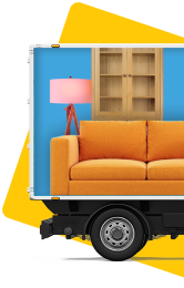 Van with a couch, bookcase, retro pink lamp and yellow anyvan square background