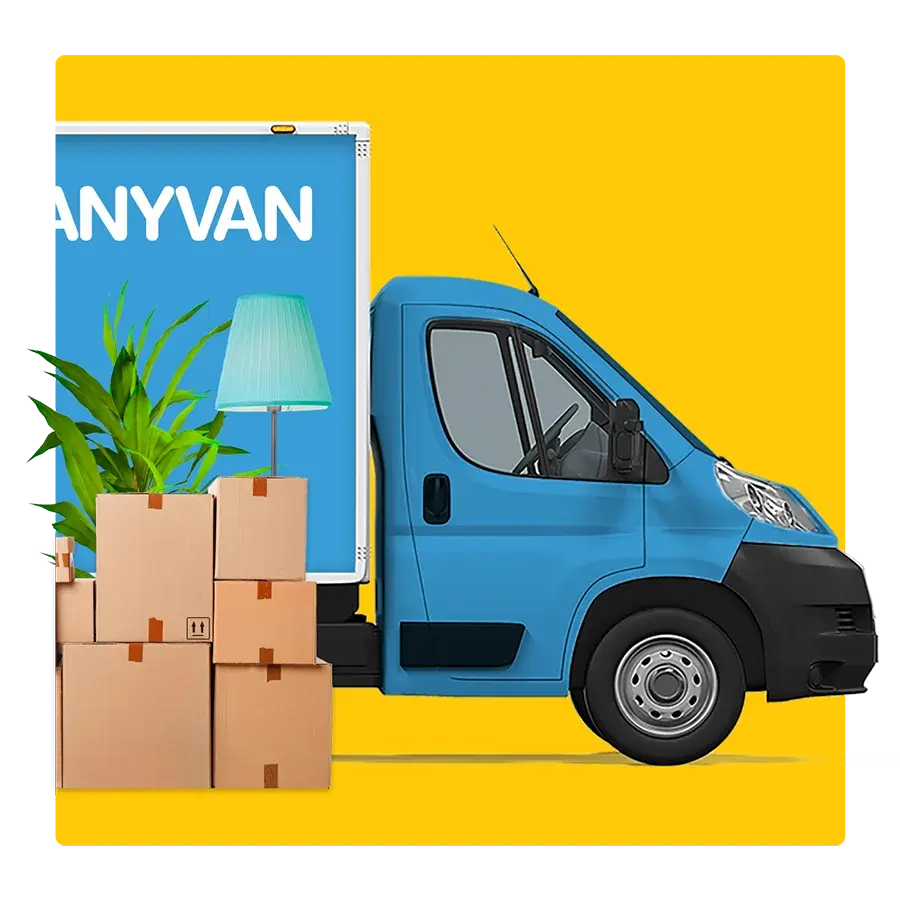 Image of a Moving Van and boxes stacked beside it with plants and lamps on display