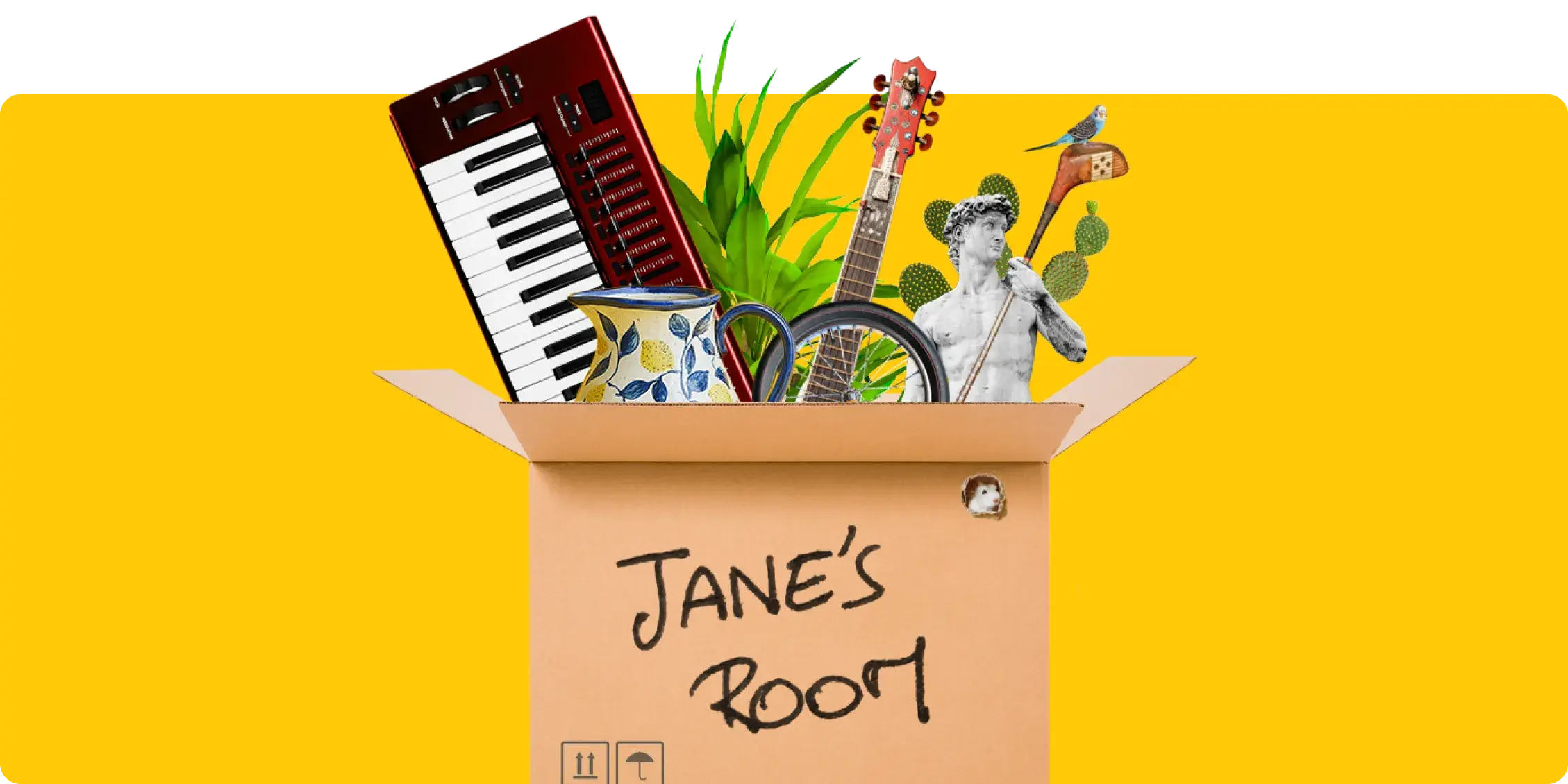 Image of a box labelled Jane's room, the box contains an array of items including a keyboard and a vase 