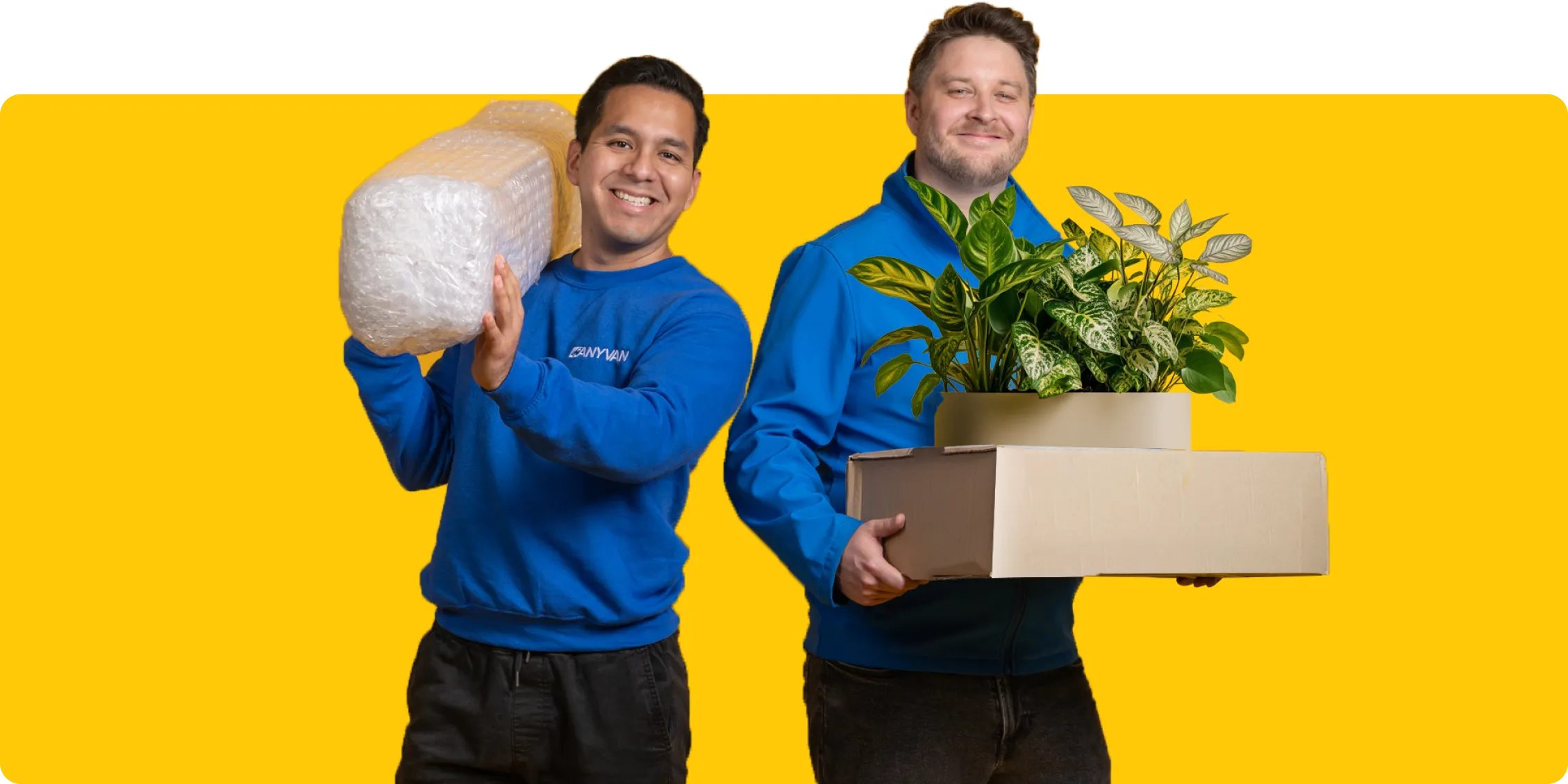 Image showing two AnyVan employees holding packing materials and plants 