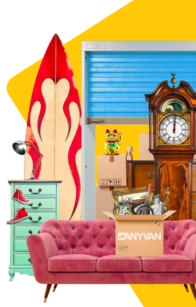 Image showing an AnyVan storage unit, with an array of items in storage including a sofa, a surfboard and a stereo. 