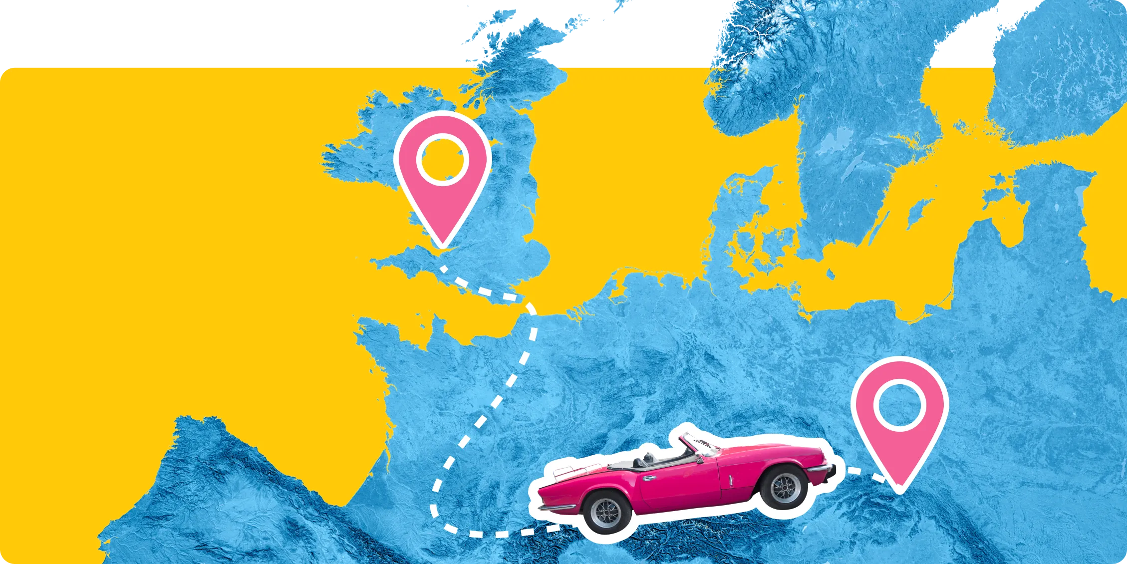 Image of a pink car travelling across a map of Europe. Shows that AnyVan can move cars abroad. 