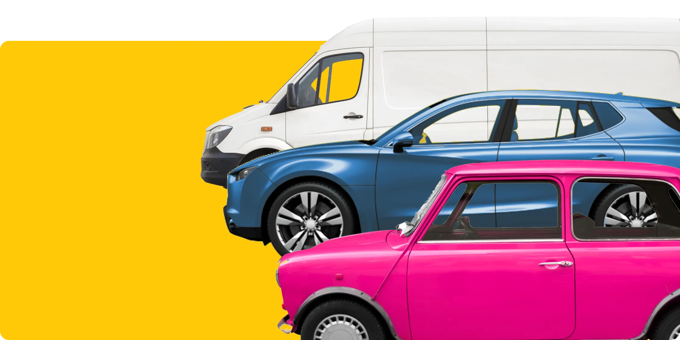 Image of a selection of cars including a white van, blue car and a pink mini. Shows AnyVan can move any car 