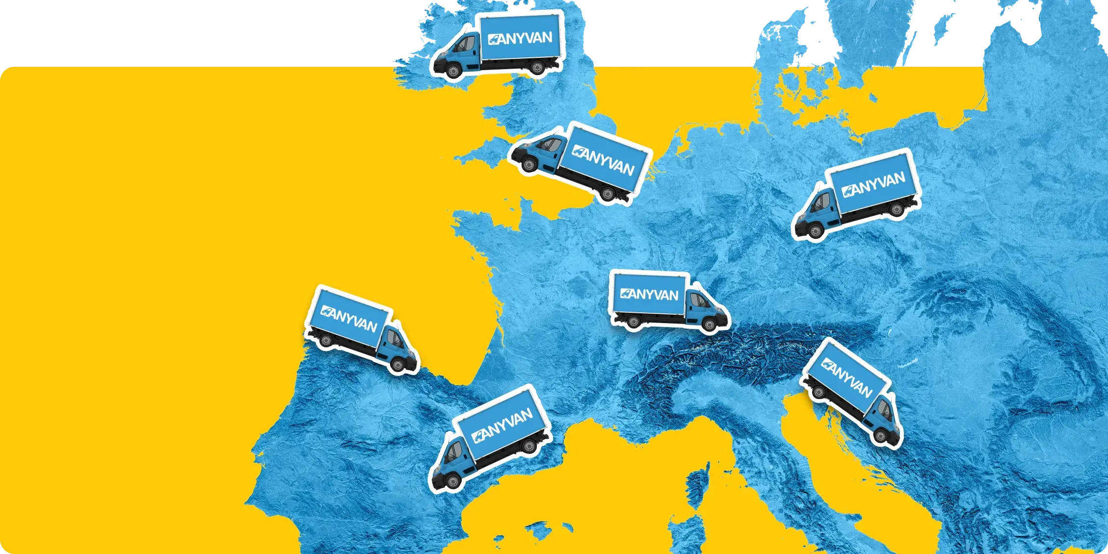 Image of a map of Europe dotted with lots of blue AnyVan vans 