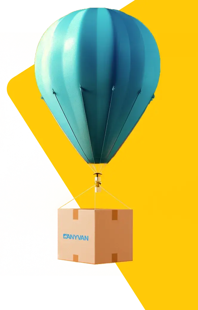 Image of a hot air balloon carrying a moving box showing that AnyVan do international removals 